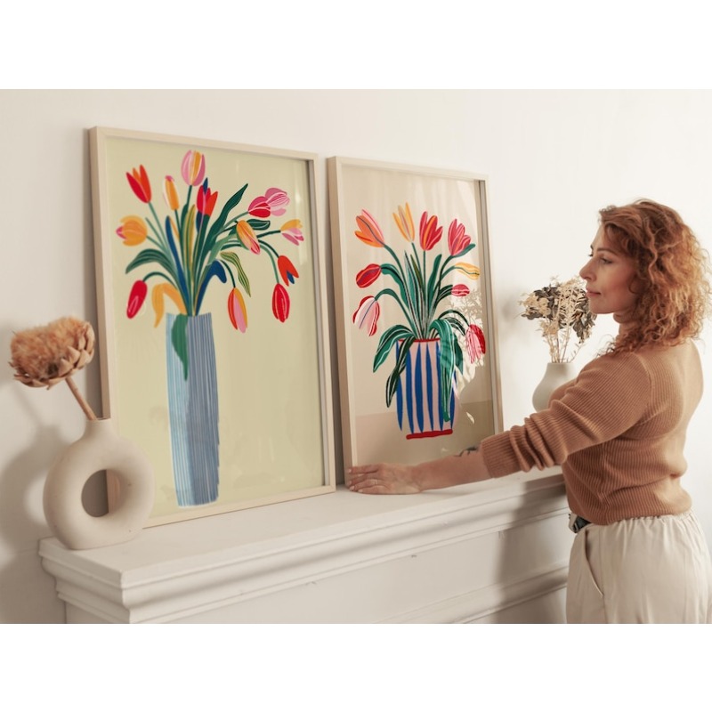 2pcs Tulip Flowers Canvas Wall - Art Craft Vase のレビューと価格